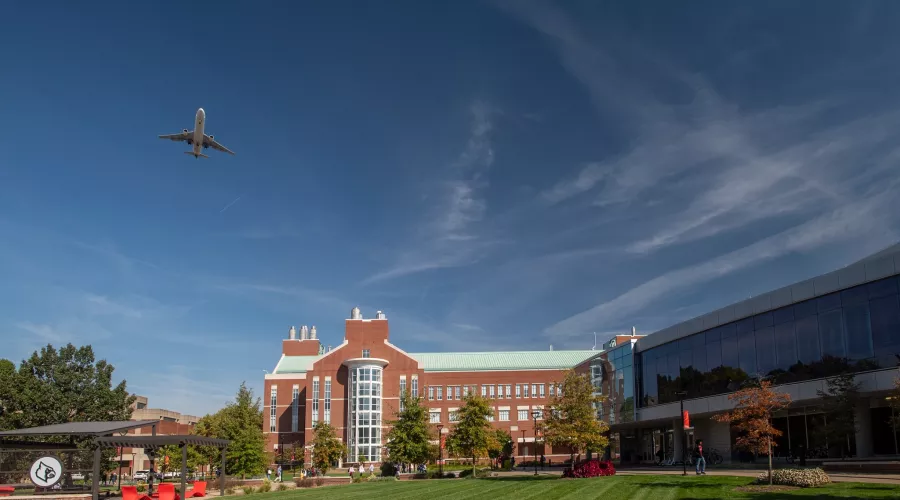 Schumaker Hall, the Belknap Academic Building and the 2020 Pavilion on a bright fall day.