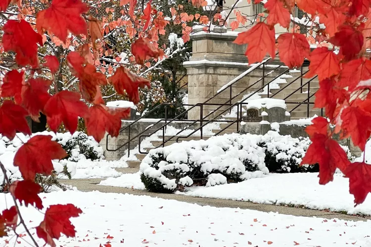 University of Louisville HSC campus. A light dusting of snow covers the lawn of in front of the Abell building and bright…