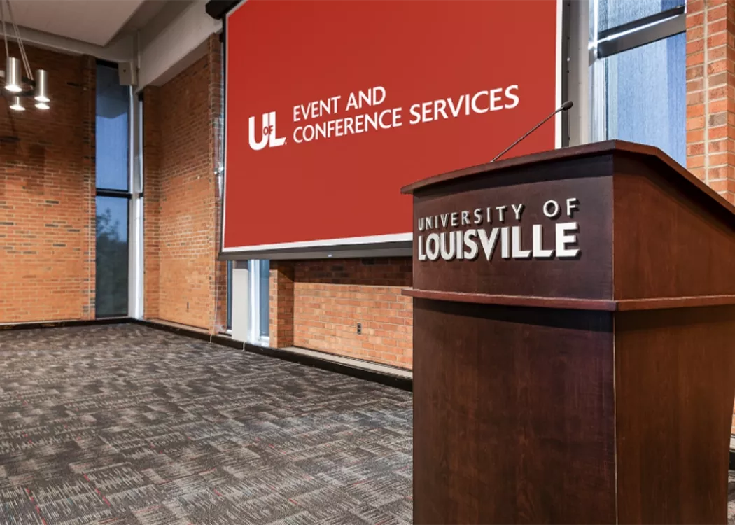 Podium in front of projection screen