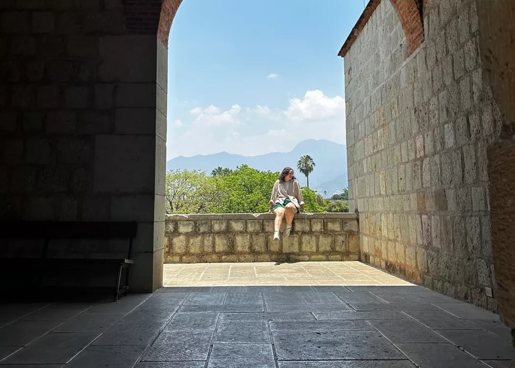 A student sits on a low stone wall with a blue sky, mountains, and tall palm tree in the background.