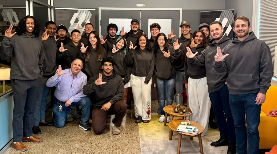 A large group of students in a lobby